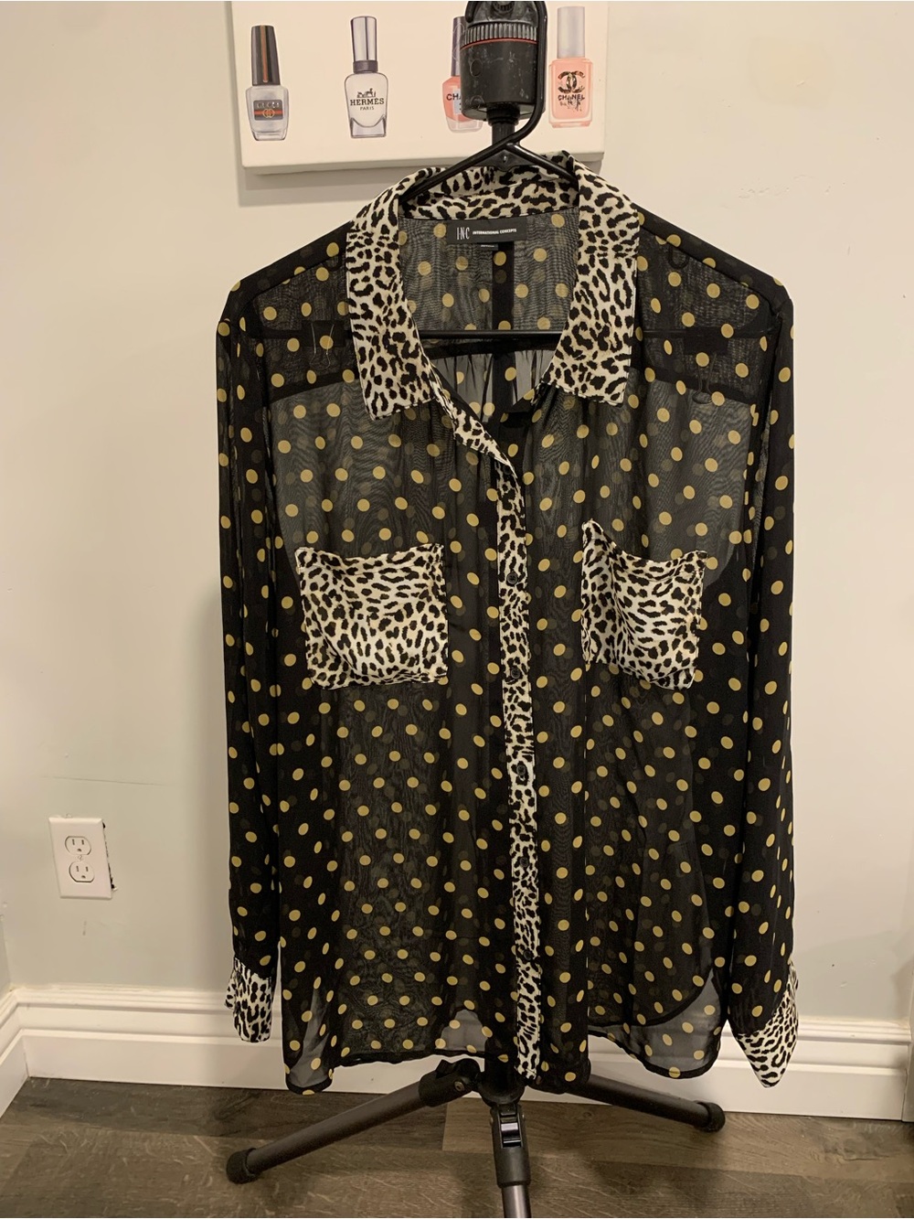 INC Polka Dot Sheer Button-Up Blouse with Leopard Trim -GB020